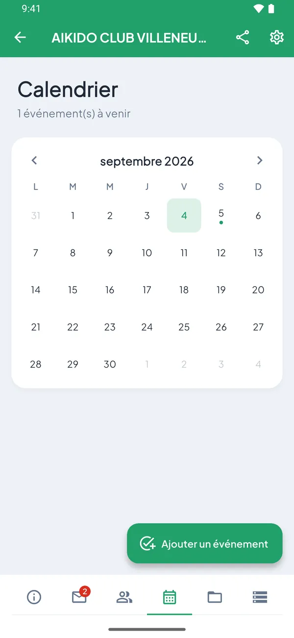 Le calendrier d'une association dans l'application MyAsso