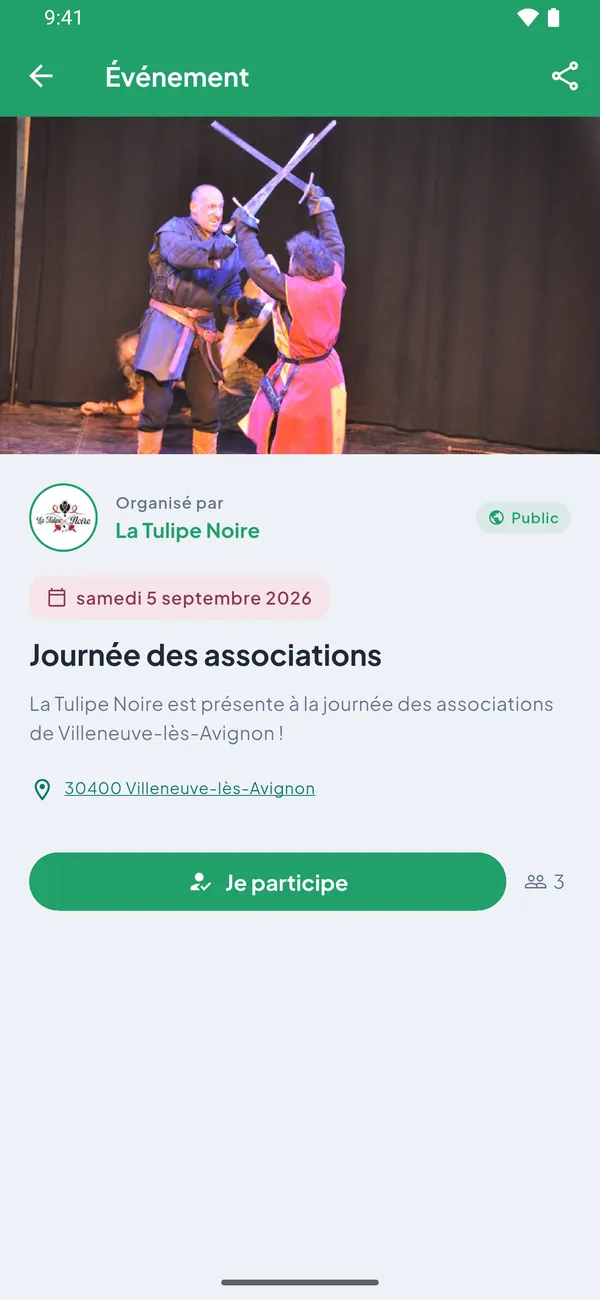La fiche d'un évènement avec le bouton Je participe